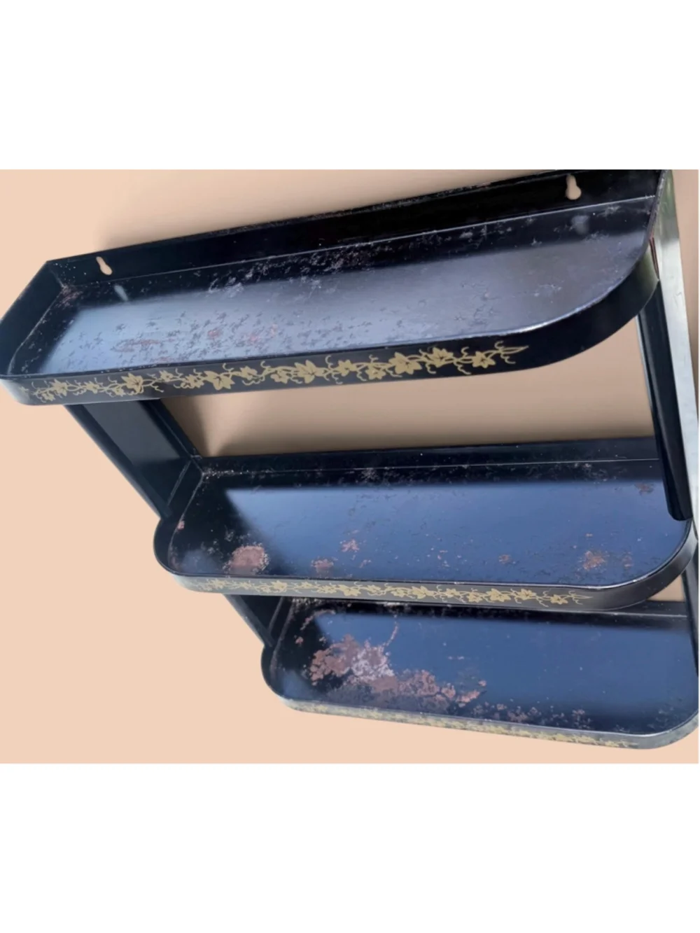 Vintage Black Metal Wall Shelf 3 Tier Gold Ivy Spice Rack Chippy Patina Cottage